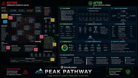 A detailed infographic poster titled 'Peak Pathway' by Securlando, comparing a 'Before' state of overwhelmed documentation and unclear evidence with an 'After' state of structured, actionable insights. The poster features a dark background with multiple colored boxes, diagrams, and text blocks.