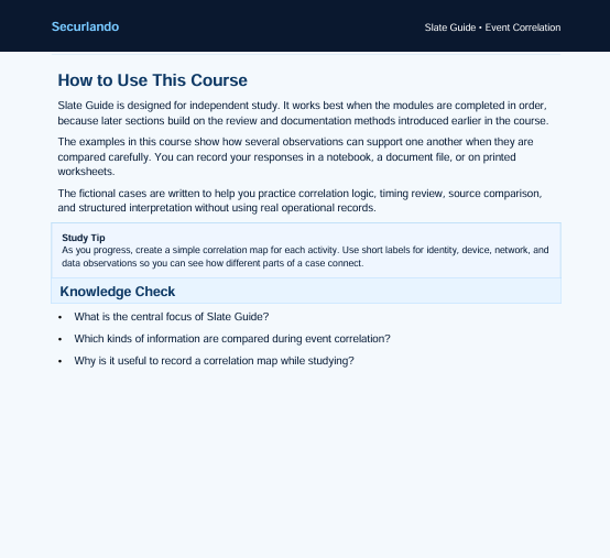A screenshot of an online course page titled 'How to Use This Course' from Securando, showing instructional text, a study tip, and a knowledge check on a white background with a dark blue header.