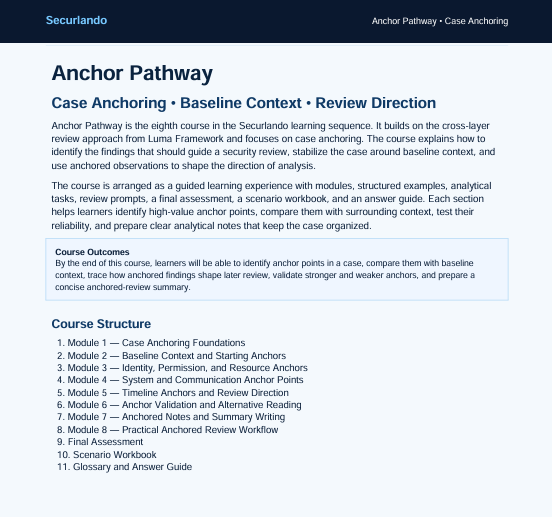 A screenshot of a course page titled 'Anchor Pathway' from Securando, showing text about case anchoring, course outcomes, and course structure in a clean document layout.