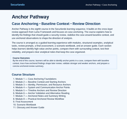 A screenshot of a course page titled 'Anchor Pathway' from Securando, showing text about case anchoring, course outcomes, and course structure in a clean document layout.