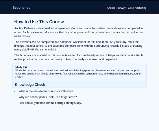 A screenshot of an online course page titled 'How to Use This Course' from Securando, showing instructional text and a 'Knowledge Check' section on a white page with a dark blue header.
