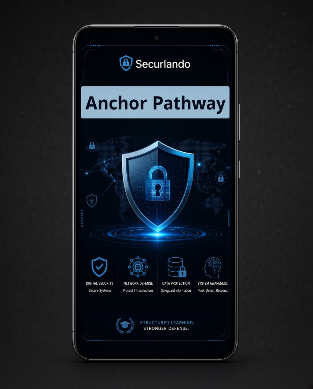 A black smartphone centered on a dark background, displaying a digital security app interface with the Seculando brand name, a large shield icon, and the text 'Anchor Pathway' in blue and white.
