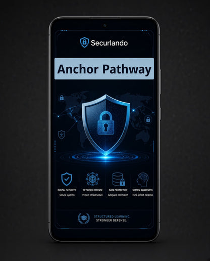 A black smartphone centered on a dark background, displaying a digital security app interface with the Seculando brand name, a large shield icon, and the text 'Anchor Pathway' in blue and white.