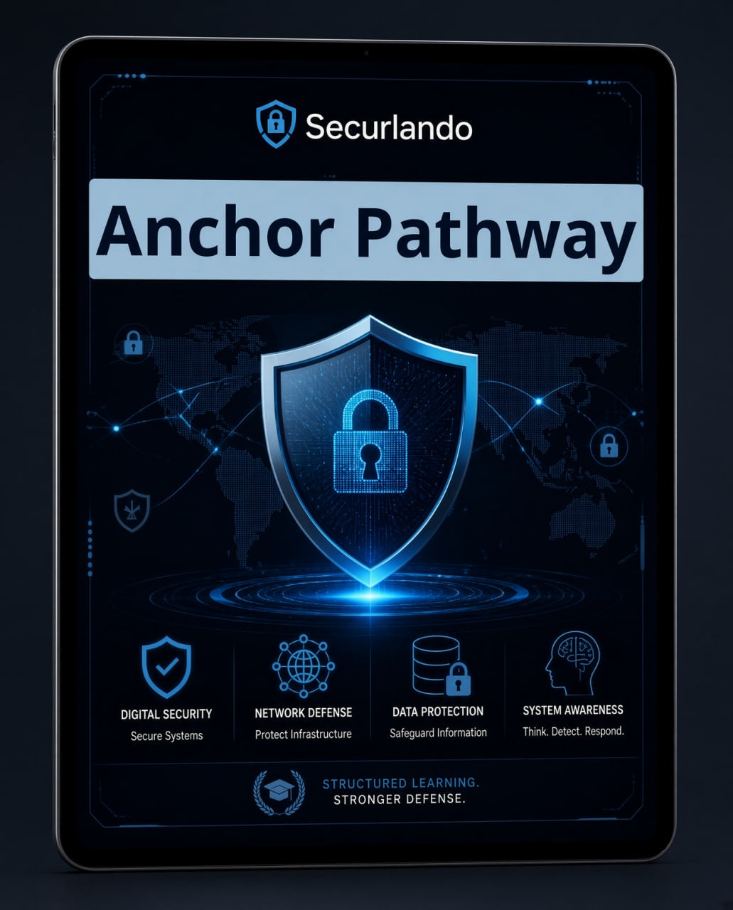 A tablet device displaying a digital security presentation titled 'Securlando Anchor Pathway' with a large glowing shield icon and blue cybersecurity graphics on a dark background.