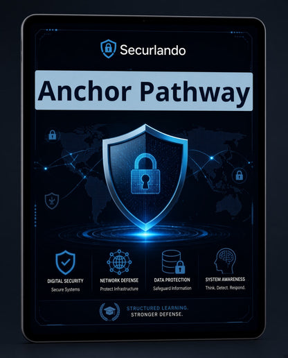 A tablet device displaying a digital security presentation titled 'Securlando Anchor Pathway' with a large glowing shield icon and blue cybersecurity graphics on a dark background.
