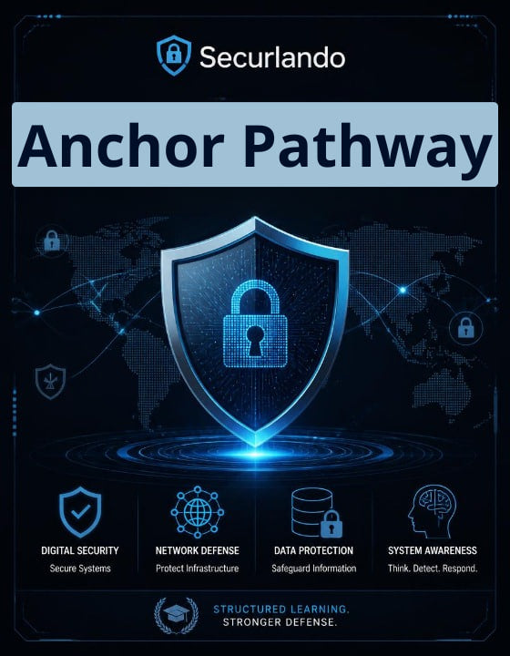 Digital promotional graphic for Securlando's 'Anchor Pathway' featuring a glowing blue digital shield with a padlock at the center, set against a dark world map background with icons representing digital security, network defense, data protection, and system awareness.