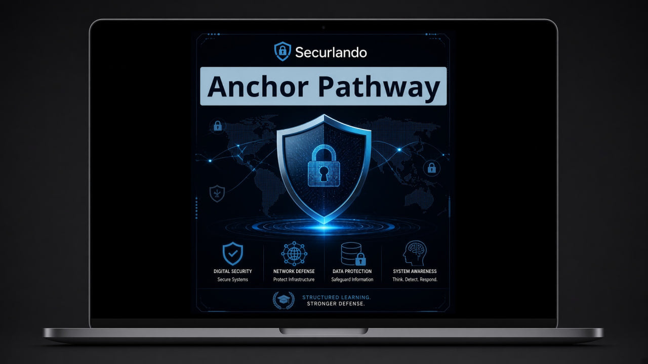 A laptop on a dark background displaying a digital presentation about Securlando Anchor Pathway cybersecurity services, featuring a blue shield and padlock graphic.
