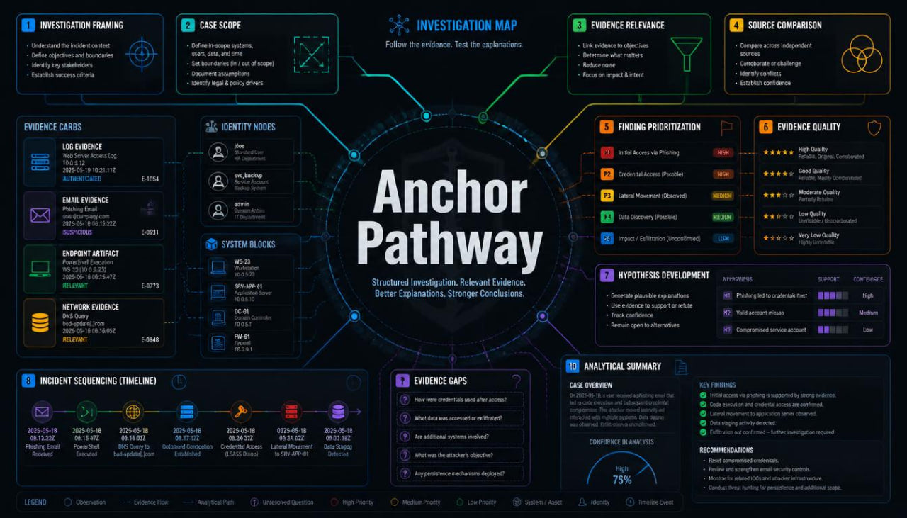 A digital infographic titled 'Anchor Pathway' on a dark background, featuring connected circular diagrams, text boxes, and colored icons related to investigation, evidence, and analysis workflows.