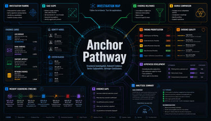 A digital infographic titled 'Anchor Pathway' on a dark background, featuring connected circular diagrams, text boxes, and colored icons related to investigation, evidence, and analysis workflows.