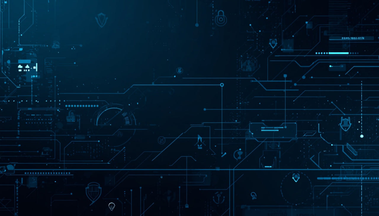 A dark blue digital background with glowing cyan circuit lines, security icons, and futuristic tech graphics.