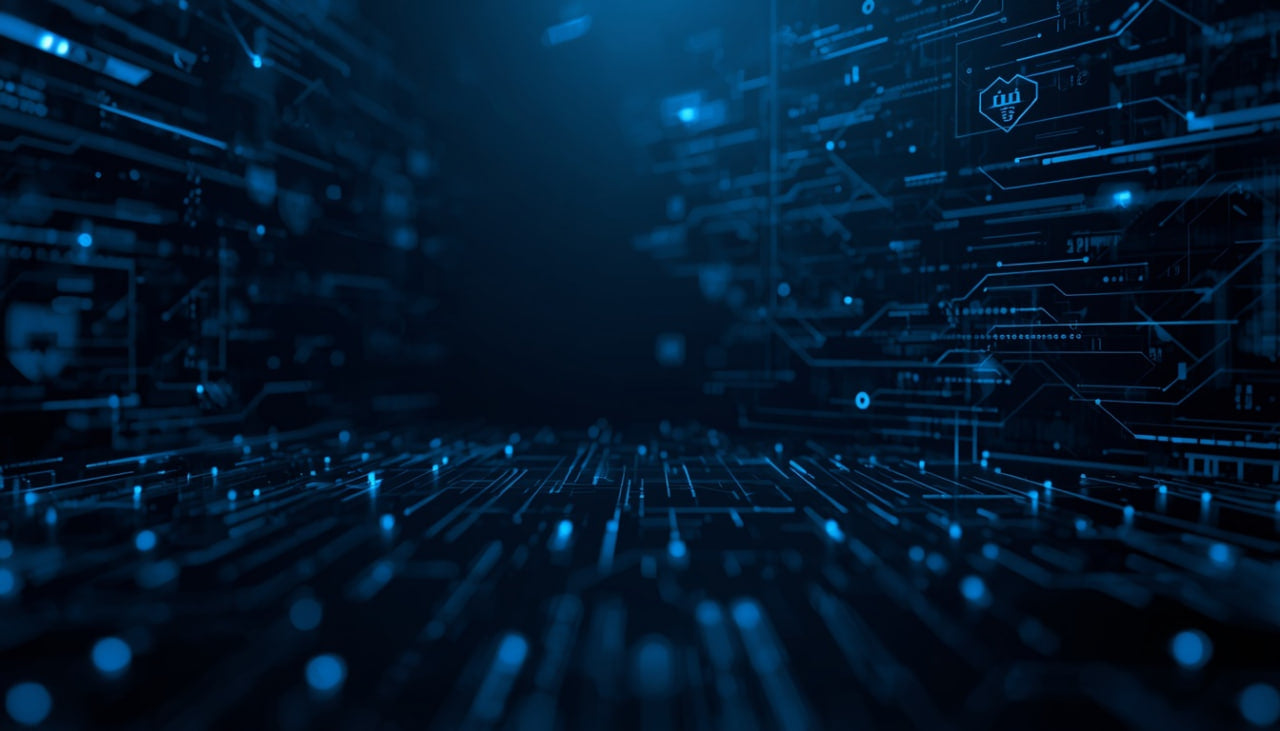 A dark blue and black abstract background with glowing circuit board lines, bokeh light dots, and a small shield icon near the upper right, creating a high-tech digital corridor effect.