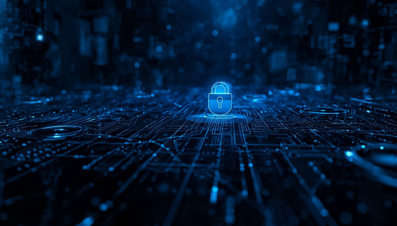A glowing blue padlock icon sits centered over a futuristic circuit-board style digital background in shades of dark blue and black.