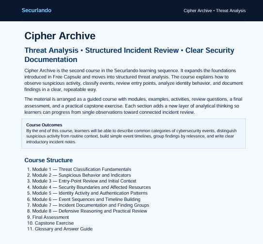 A digital document page titled 'Cipher Archive' from Securando, outlining a threat analysis and incident review course structure with text sections and a course outline.