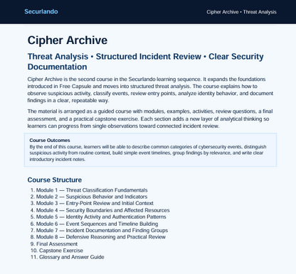 A digital document page titled 'Cipher Archive' from Securando, outlining a threat analysis and incident review course structure with text sections and a course outline.