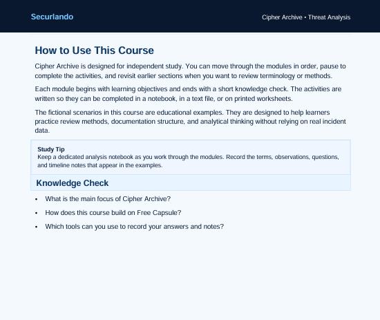 A screenshot of an online course page titled 'How to Use This Course' for 'Securando' and 'Cipher Archive - Threat Analysis', featuring text instructions, a study tip, and a knowledge check on a white background with a blue header.