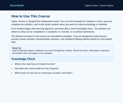 A screenshot of an online course page titled 'How to Use This Course' for 'Securando' and 'Cipher Archive - Threat Analysis', featuring text instructions, a study tip, and a knowledge check on a white background with a blue header.