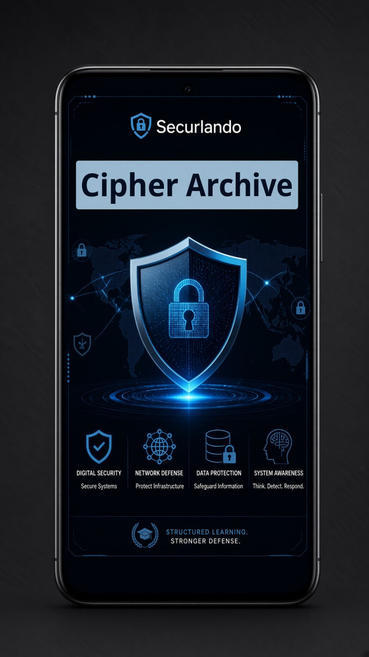 A smartphone centered on a dark background, displaying a digital app or service interface titled 'Securlando Cipher Archive' with a glowing blue shield and lock graphic.