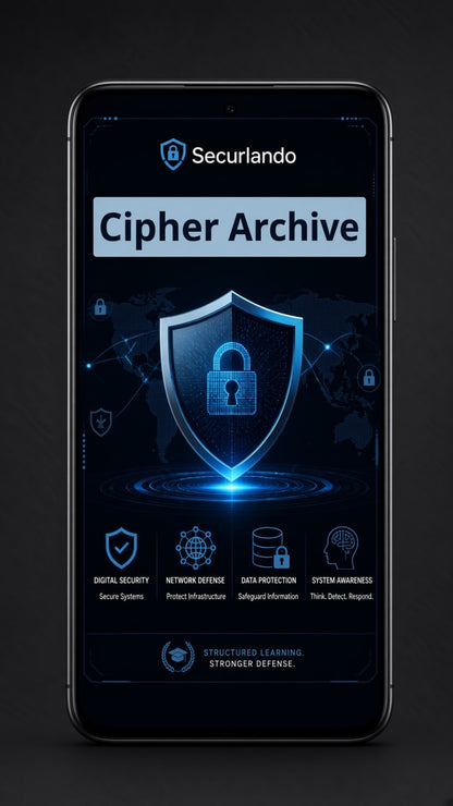 A smartphone centered on a dark background, displaying a digital app or service interface titled 'Securlando Cipher Archive' with a glowing blue shield and lock graphic.