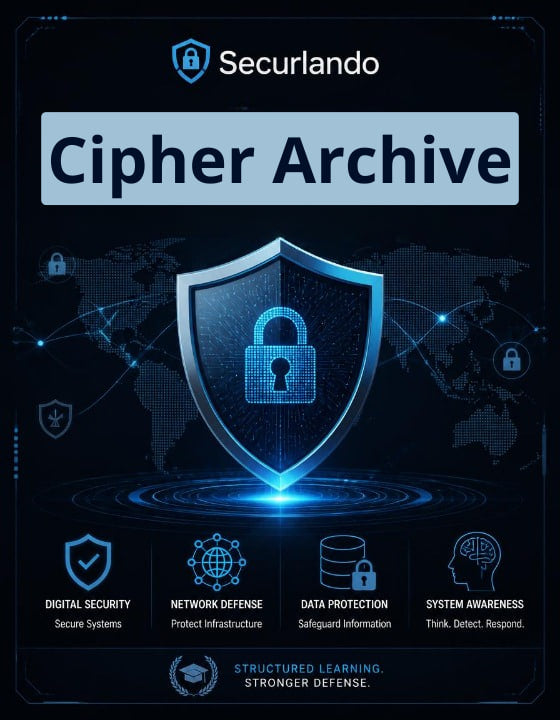 Promotional graphic for Securlando Cipher Archive digital security service, featuring a glowing blue digital shield with a padlock icon on a dark navy background with world map lines and feature icons.