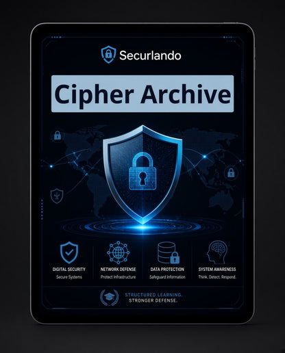 A digital promotional graphic for Securlando Cipher Archive displayed on a tablet screen, featuring a large glowing blue padlock icon, shield motifs, and text about digital security, network defense, data protection, and system awareness.
