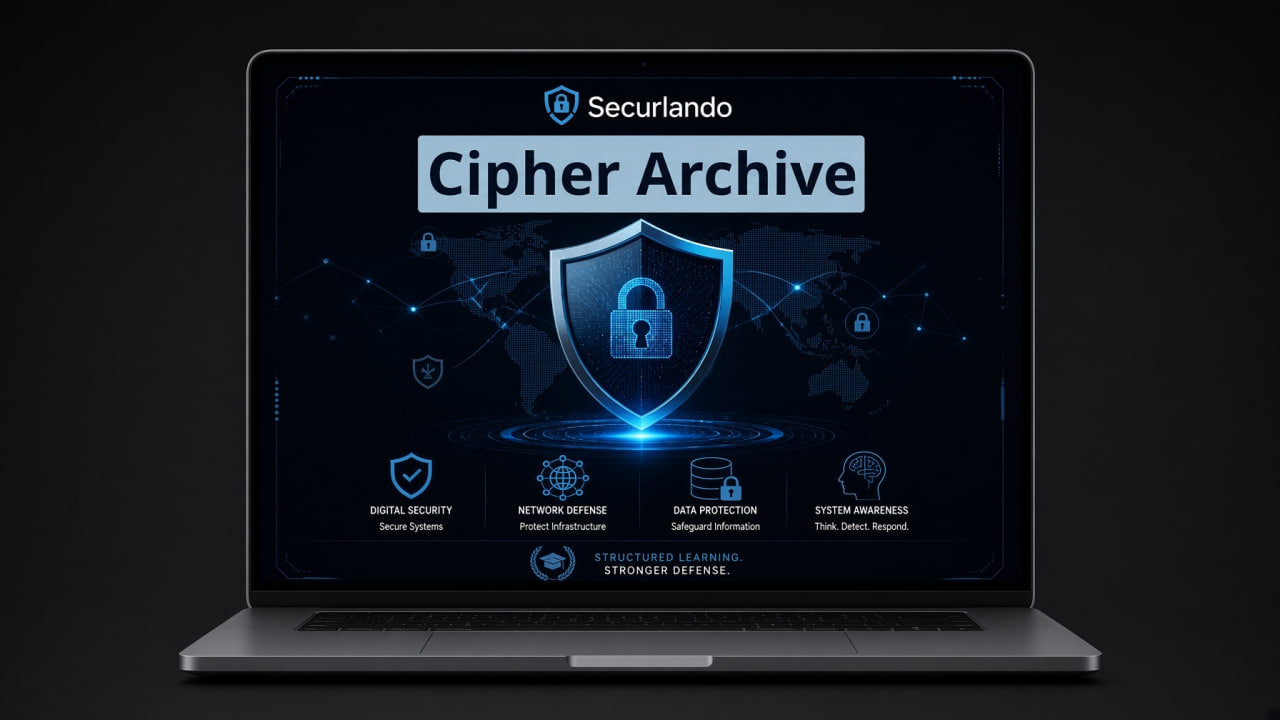 A silver laptop on a dark background displaying the Securlando Cipher Archive software interface on its screen.