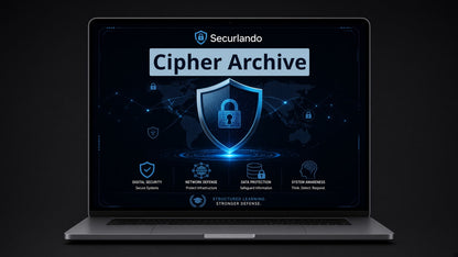 A silver laptop on a dark background displaying the Securlando Cipher Archive software interface on its screen.