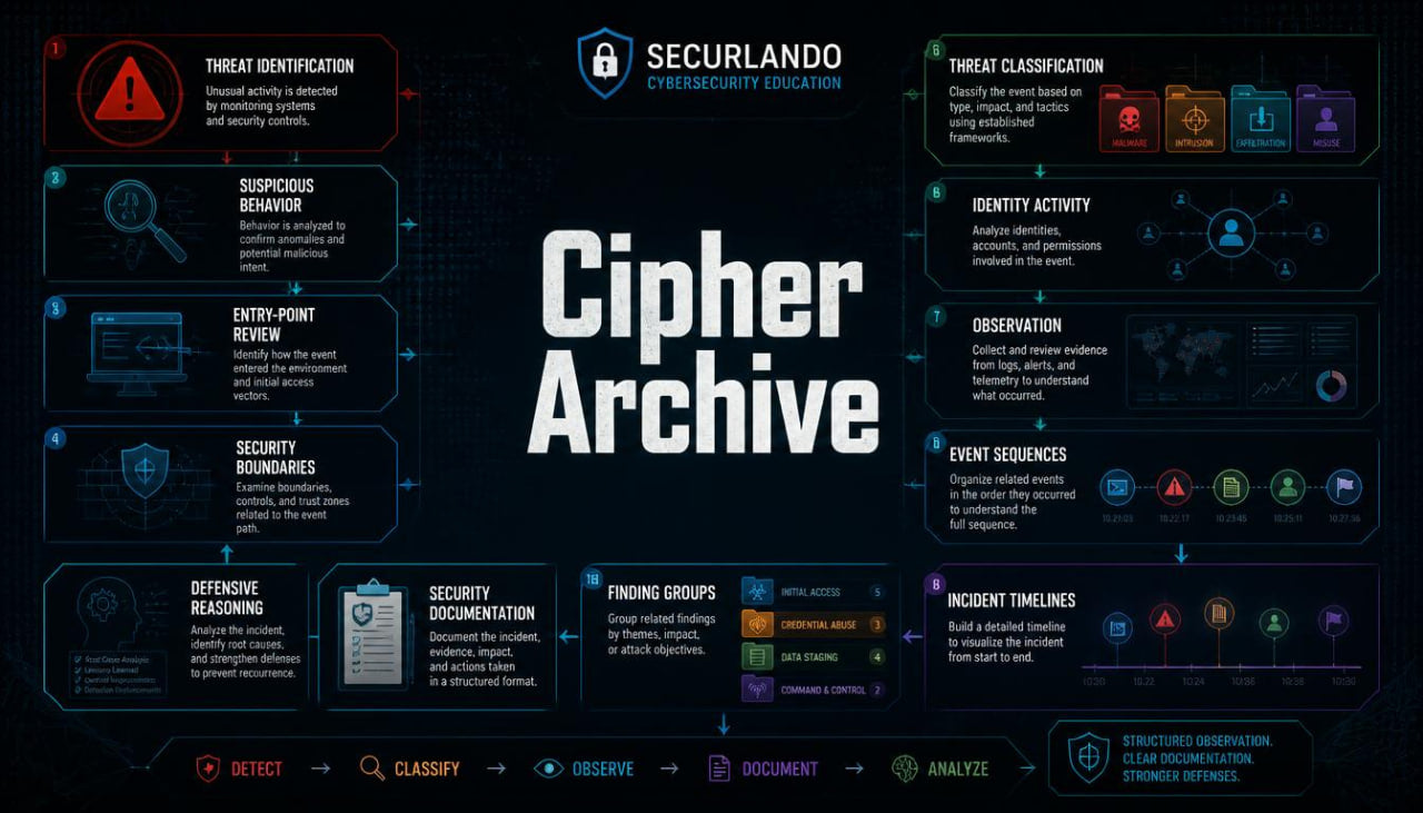 A digital infographic titled 'Cipher Archive' by Securlando, featuring a dark navy and black background with glowing blue and red interface panels, icons, and text related to threat identification, classification, and security documentation.
