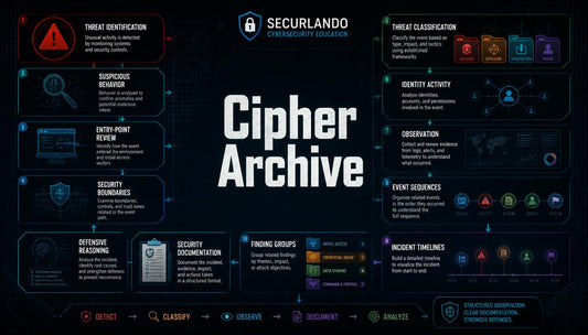 A digital infographic titled 'Cipher Archive' by Securlando, featuring a dark navy and black background with glowing blue and red interface panels, icons, and text related to threat identification, classification, and security documentation.