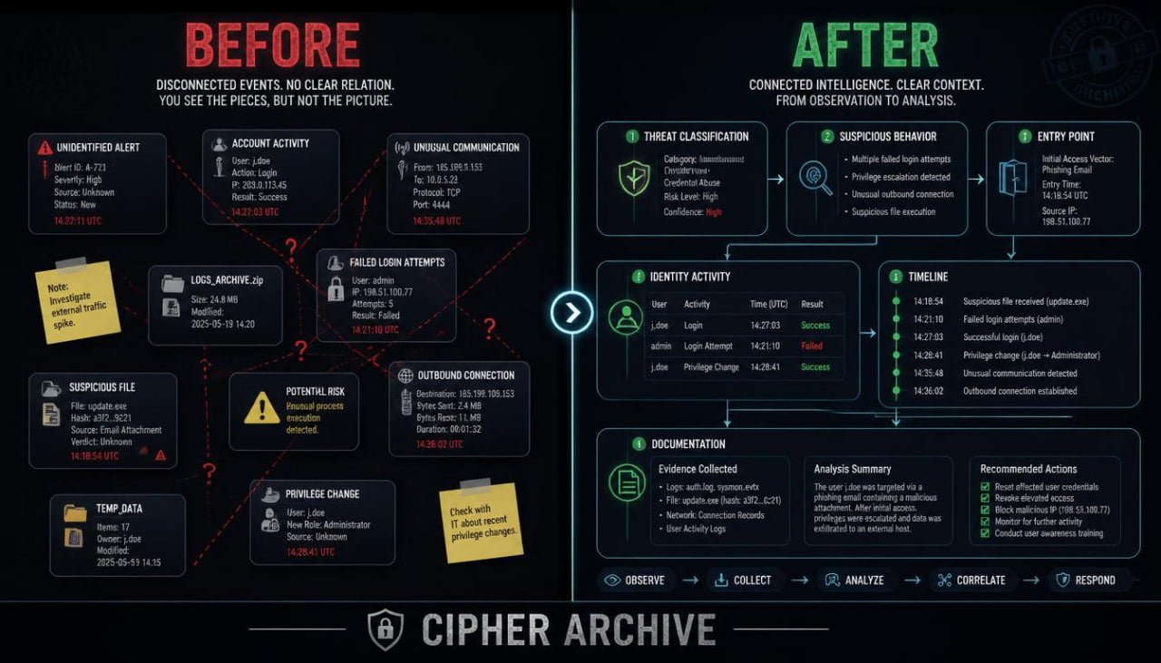 A digital infographic comparing a 'Before' state of disconnected and unclear events with an 'After' state of connected intelligence, clear context, and organized analysis, presented in a dark theme with red, green, and yellow accents. The brand 'CIPHER ARCHIVE' is visible at the bottom.