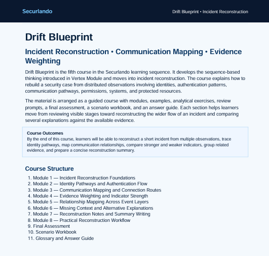 A digital document page titled 'Securando Drift Blueprint' outlining course details for 'Incident Reconstruction', 'Communication Mapping', and 'Evidence Weighting'. The page features a dark blue header and lists course outcomes and structure.