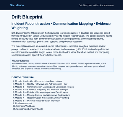 A digital document page titled 'Securando Drift Blueprint' outlining course details for 'Incident Reconstruction', 'Communication Mapping', and 'Evidence Weighting'. The page features a dark blue header and lists course outcomes and structure.