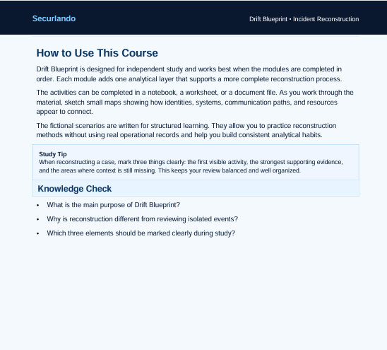 A screenshot of a digital course page titled 'How to Use This Course' from Securando, showing text about using the Drift Blueprint course, with a blue header and a light gray page body.