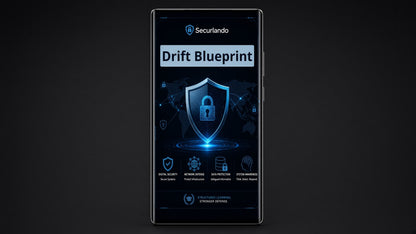 A smartphone centered on a dark background, displaying the Securlando 'Drift Blueprint' app interface with blue security-themed graphics and a shield icon.