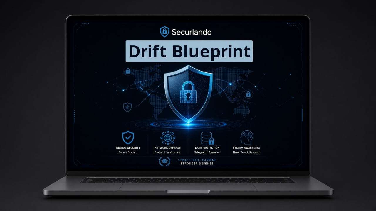 A silver laptop on a dark background displaying a digital presentation about Securlando Drift Blueprint with a blue shield graphic on the screen.