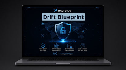 A silver laptop on a dark background displaying a digital presentation about Securlando Drift Blueprint with a blue shield graphic on the screen.