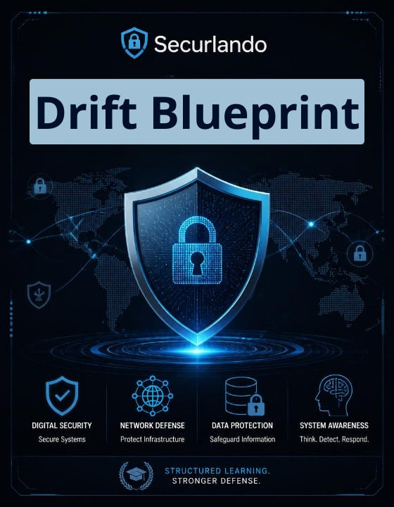 A digital cover graphic for 'Securlando Drift Blueprint' featuring a glowing blue digital shield with a padlock icon in the center, set against a dark navy world map background. The text 'Drift Blueprint' is displayed in large white letters, with four key security themes listed at the bottom: Digital Security, Network Defense, Data Protection, and System Awareness.
