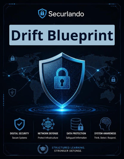 A digital cover graphic for 'Securlando Drift Blueprint' featuring a glowing blue digital shield with a padlock icon in the center, set against a dark navy world map background. The text 'Drift Blueprint' is displayed in large white letters, with four key security themes listed at the bottom: Digital Security, Network Defense, Data Protection, and System Awareness.