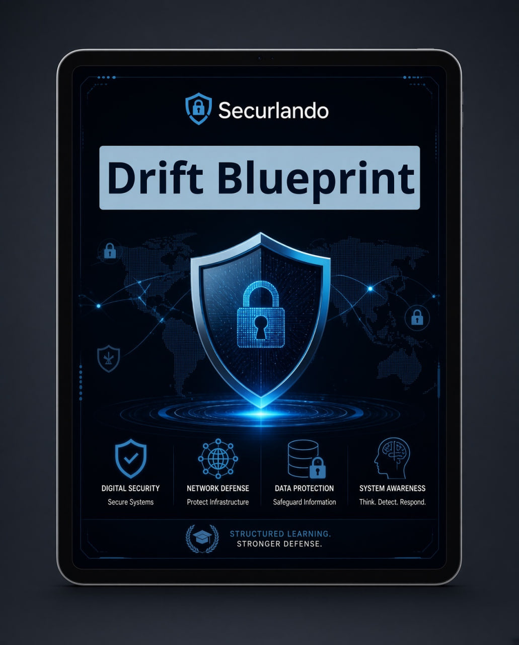 A tablet device displaying a digital security graphic with the Securlando brand name and the title 'Drift Blueprint.' The screen shows a glowing blue shield, lock icon, world map, and icons for digital security, network defense, data protection, and system awareness on a dark background.