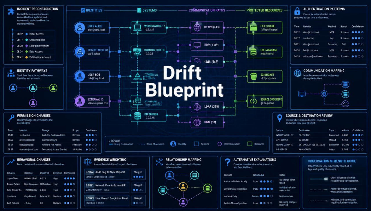 A dark blue technical flowchart titled 'Drift Blueprint' with multiple connected boxes, icons, and text blocks related to monitoring, incident reconstruction, communication mapping, and other workflow steps.