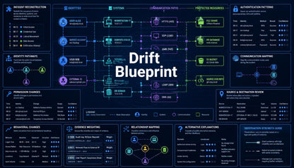 A dark blue technical flowchart titled 'Drift Blueprint' with multiple connected boxes, icons, and text blocks related to monitoring, incident reconstruction, communication mapping, and other workflow steps.