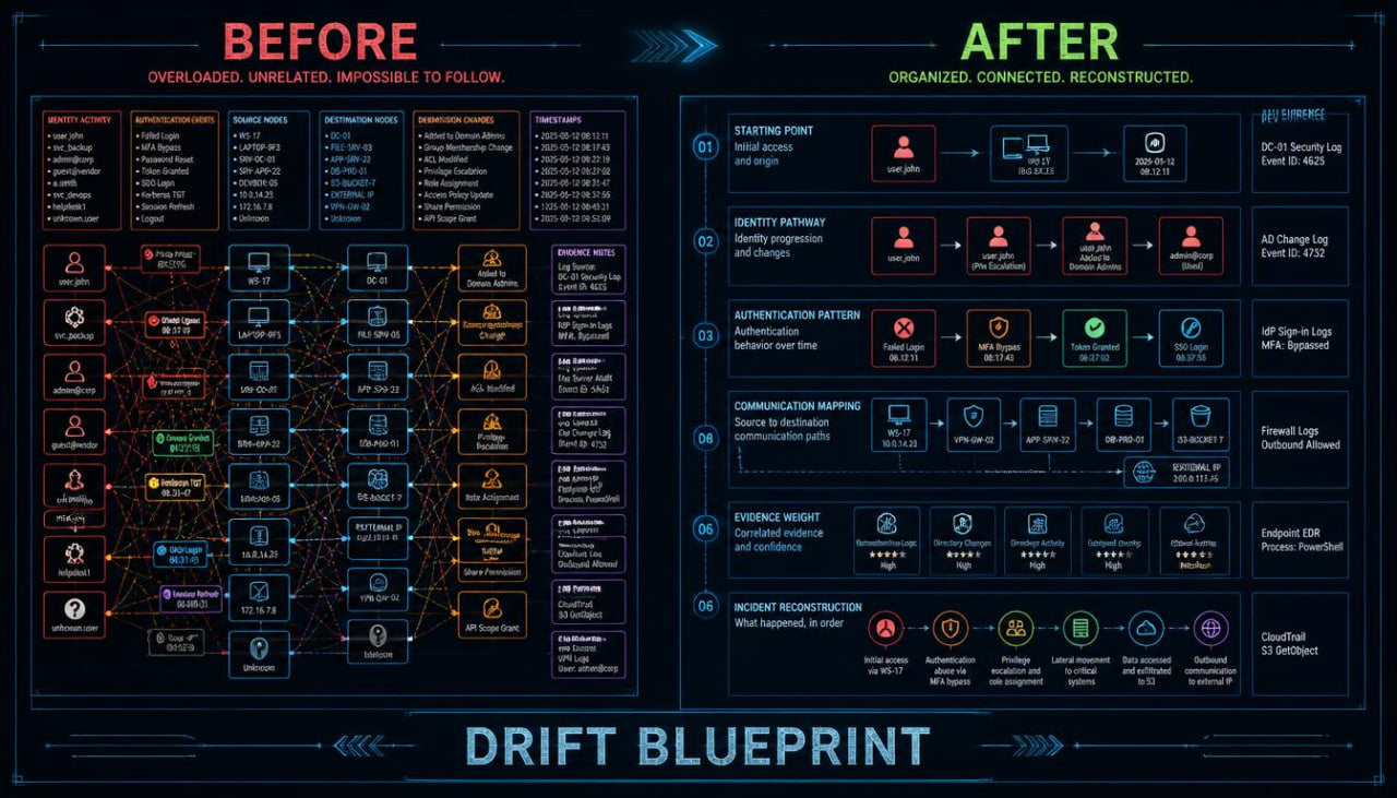 A dark digital infographic titled 'DRIFT BLUEPRINT' comparing a chaotic 'BEFORE' state with an organized 'AFTER' state, using many small colored icons and connectors on a black background.