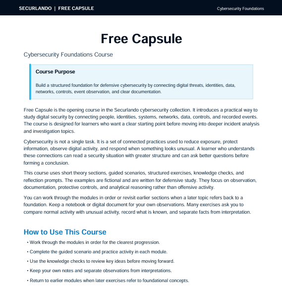 A digital document page titled 'Free Capsule' from Securiland or Free Capsule, outlining course information for Cybersecurity Foundations. The page features a light blue box detailing the 'Course Purpose' and paragraphs of black text on a white background.