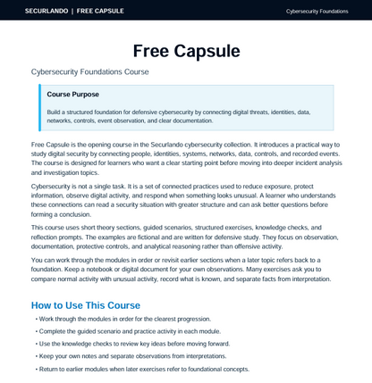 A digital document page titled 'Free Capsule' from Securiland or Free Capsule, outlining course information for Cybersecurity Foundations. The page features a light blue box detailing the 'Course Purpose' and paragraphs of black text on a white background.