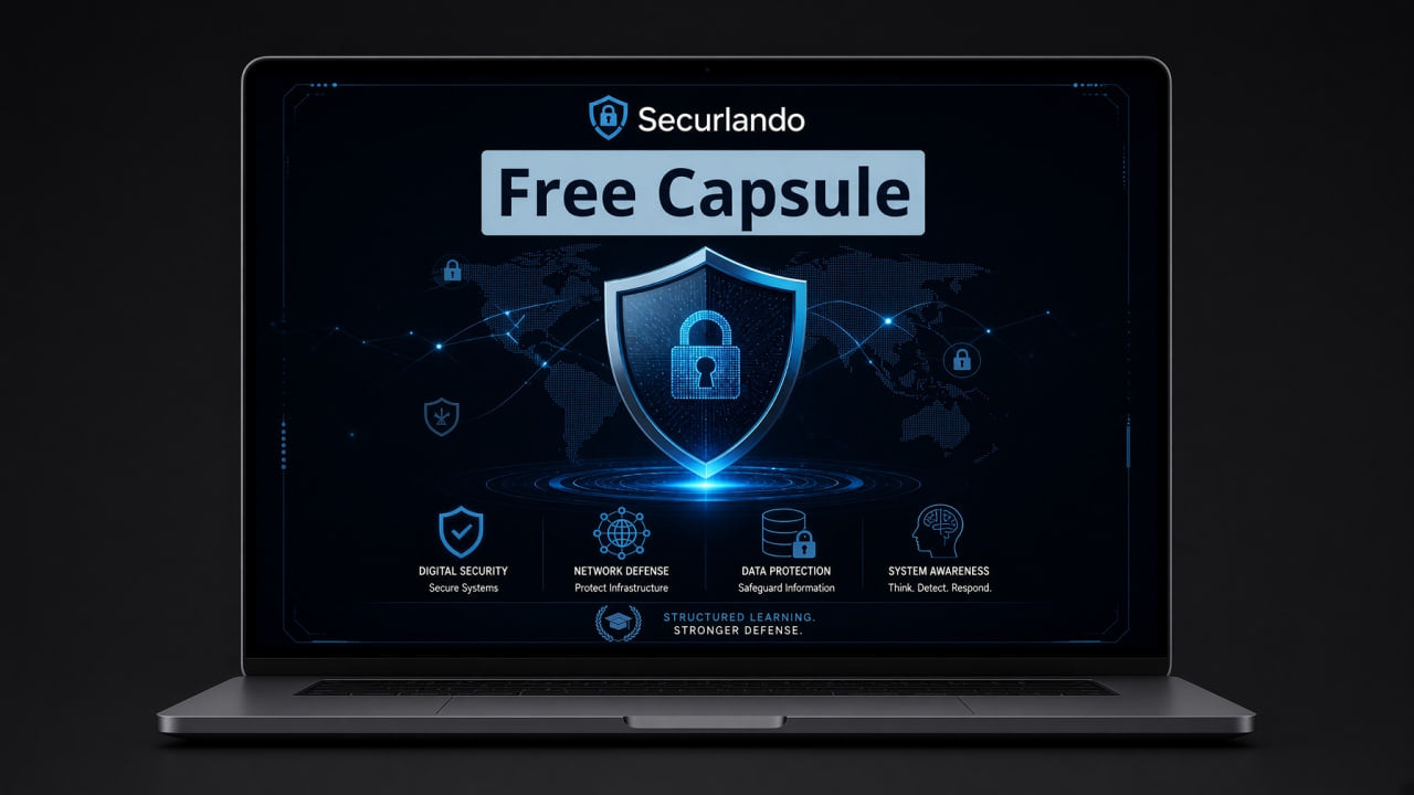 A silver laptop on a dark background displaying a digital promotional graphic for Securlando Free Capsule, featuring a glowing blue security shield and lock icon on the screen.