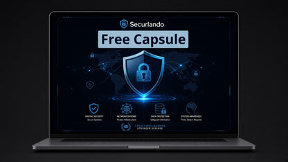 A silver laptop on a dark background displaying a digital promotional graphic for Securlando Free Capsule, featuring a glowing blue security shield and lock icon on the screen.