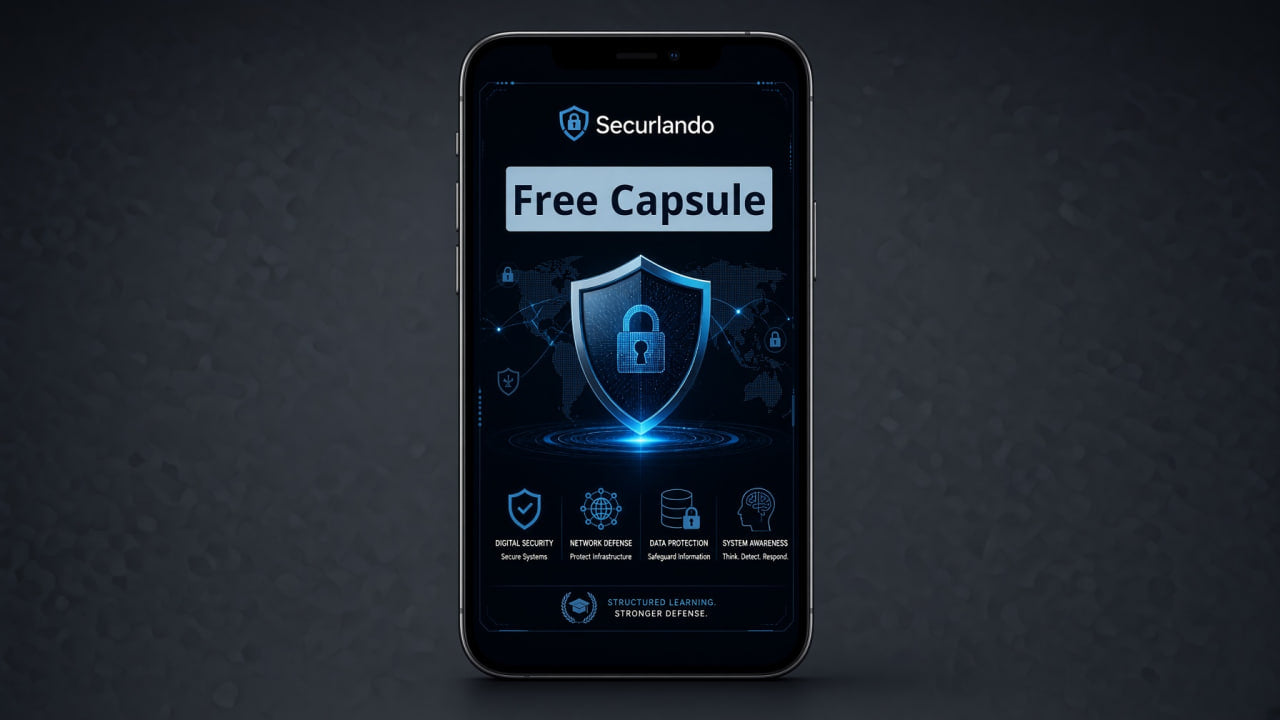A smartphone centered on a dark textured background, displaying a digital app interface for Securlando labeled 'Free Capsule' with a glowing shield icon and blue security-themed graphics.