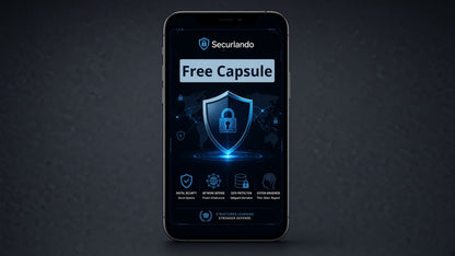 A smartphone centered on a dark textured background, displaying a digital app interface for Securlando labeled 'Free Capsule' with a glowing shield icon and blue security-themed graphics.
