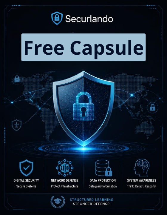 Promotional graphic for Securlando Free Capsule cybersecurity training, featuring a glowing blue digital shield with a padlock icon on a dark navy background with world map elements and feature icons.
