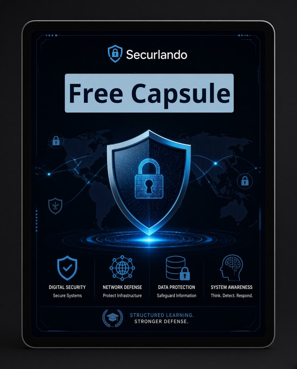 A digital promotional graphic for Securlando showing a tablet with a dark blue and black interface, a large shield icon with a padlock, and the text 'Free Capsule' and 'Securlando'.