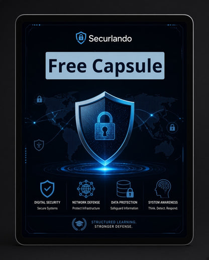 A digital promotional graphic for Securlando showing a tablet with a dark blue and black interface, a large shield icon with a padlock, and the text 'Free Capsule' and 'Securlando'.